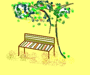 大きな木とその木陰にあるベンチの絵